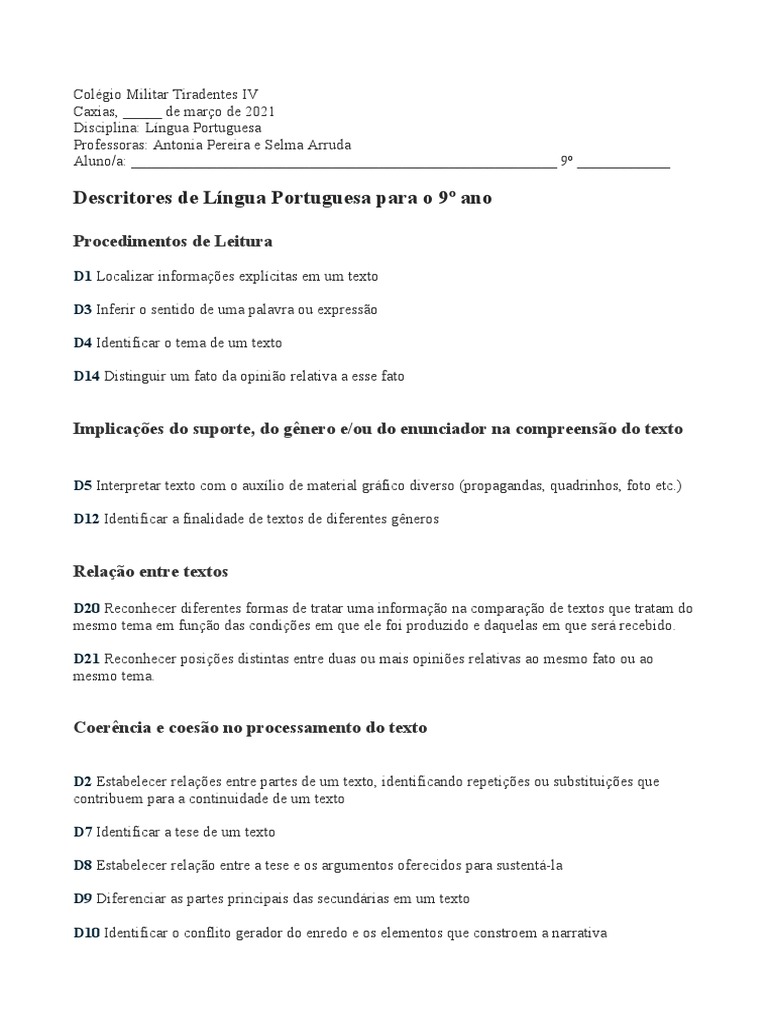 Descritores de Língua Portuguesa - 9º Ano | PDF | Amor | Brasil