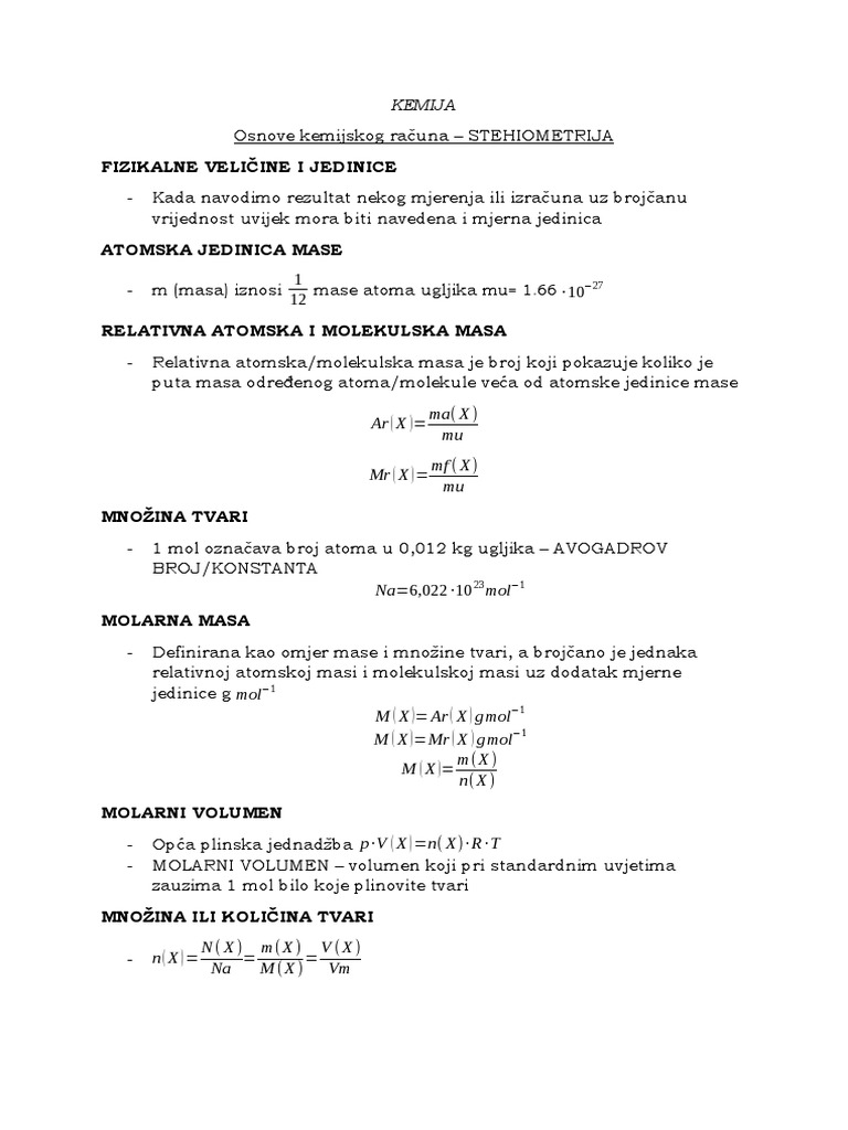 Kemija Osnove Kemijskog Računa Stehiometrija PDF