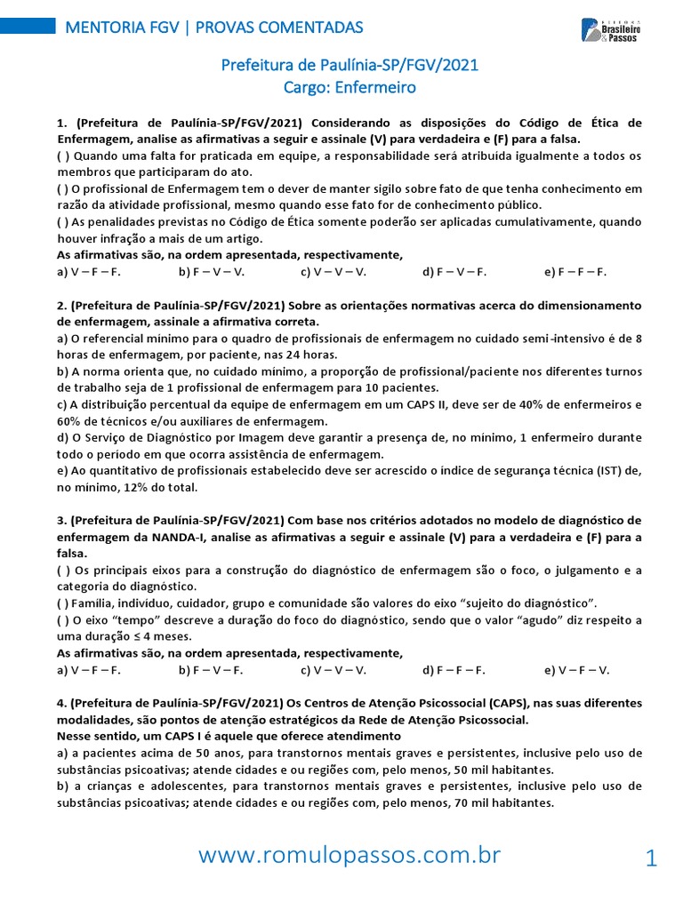 Provas FGV: Enfermagem e Gabaritos | PDF | Enfermagem | Hipertensão
