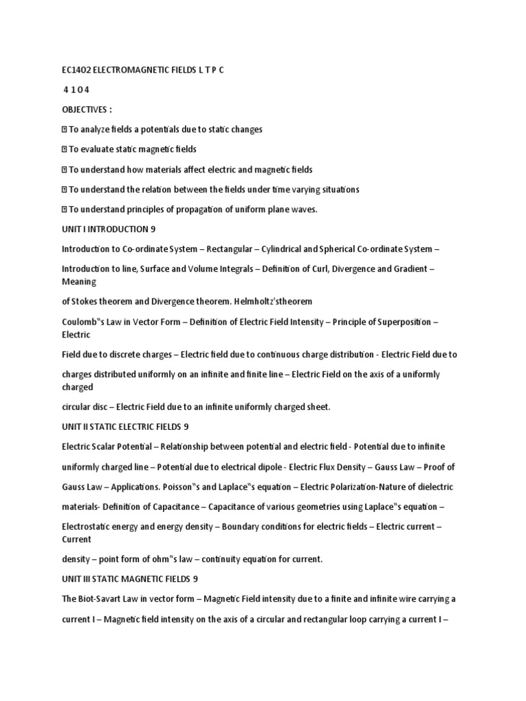 Electromagnetic Fields Course EC1402 | PDF | Electric Field | Magnetic ...