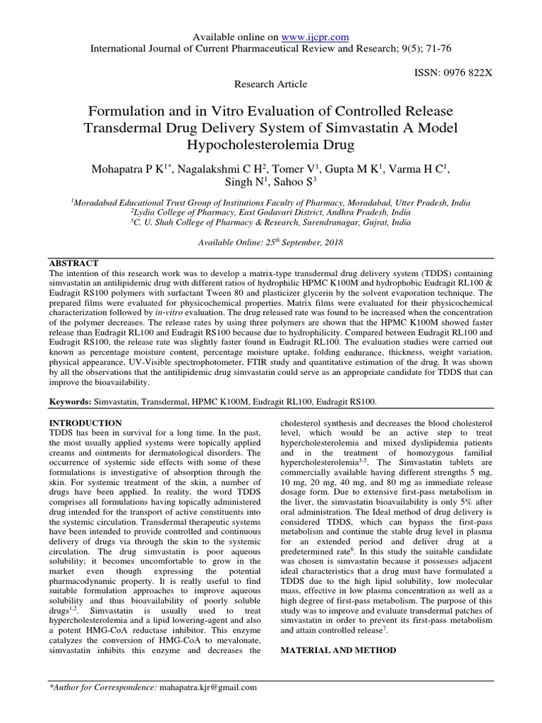 Formulation and In-Vitro Evaluation of Controlled Release Transdermal ...