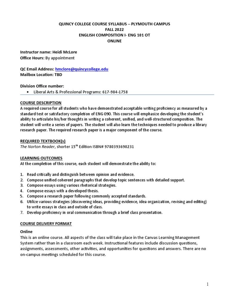 Quincy College ENG 101 Online Syllabus | PDF | Essays | Test (Assessment)