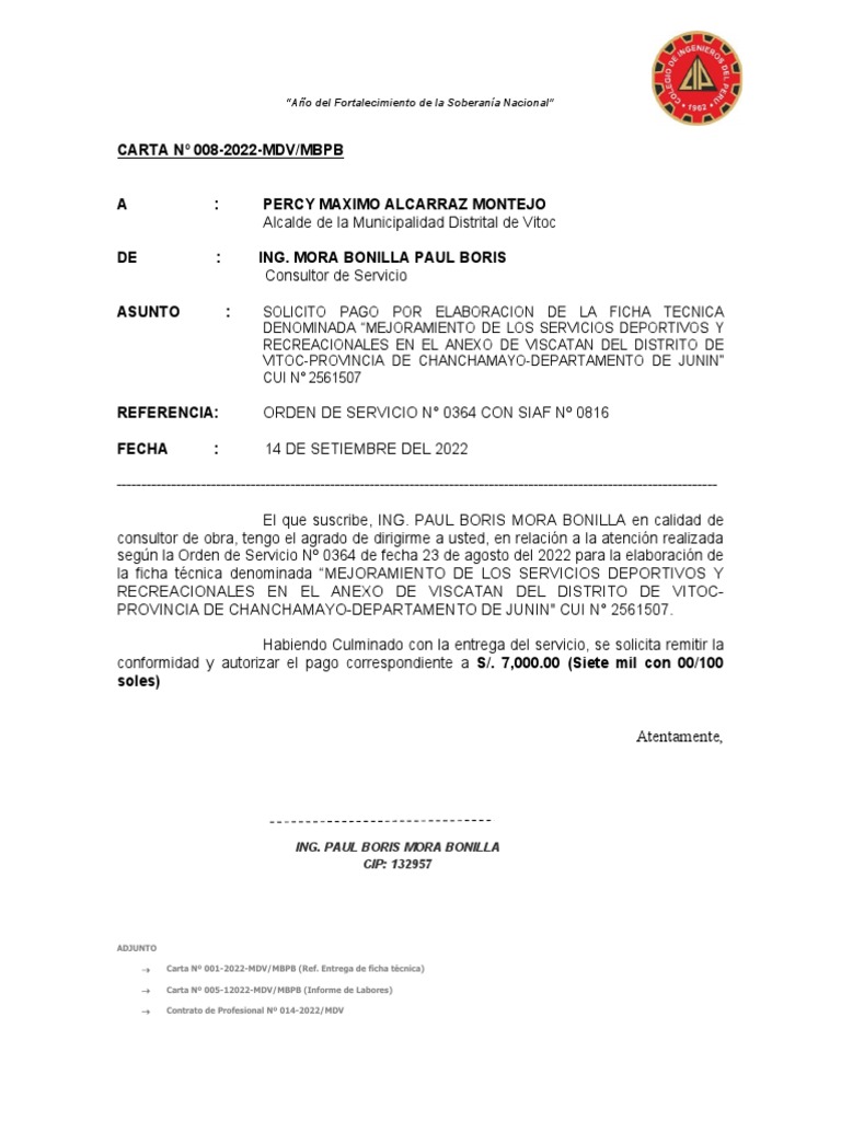 Solicitud de Pago por Ficha Técnica Vitoc | PDF