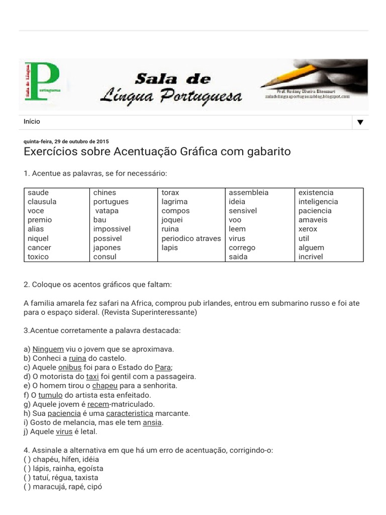 Sala de Lingua Portuguesa Exercicios Sobre Acentuacao Grafica Com ...
