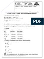Aula 36 8 Ano Valor Numerico de Uma Expressao Algebrica Exercicios PDF