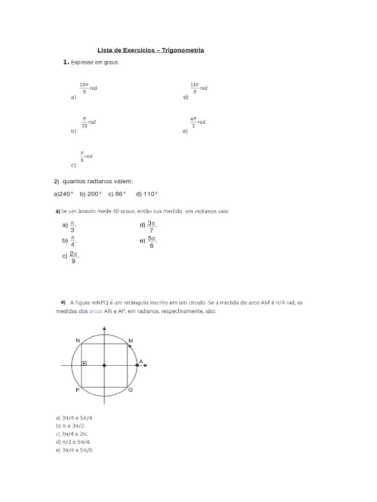 Exercícios de Círculo Trigonométrico | PDF | Métodos e Materiais de Ensino