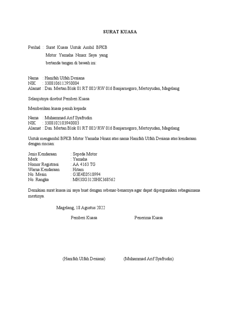 Contoh Surat Kuasa Pengambilan BPKB | PDF