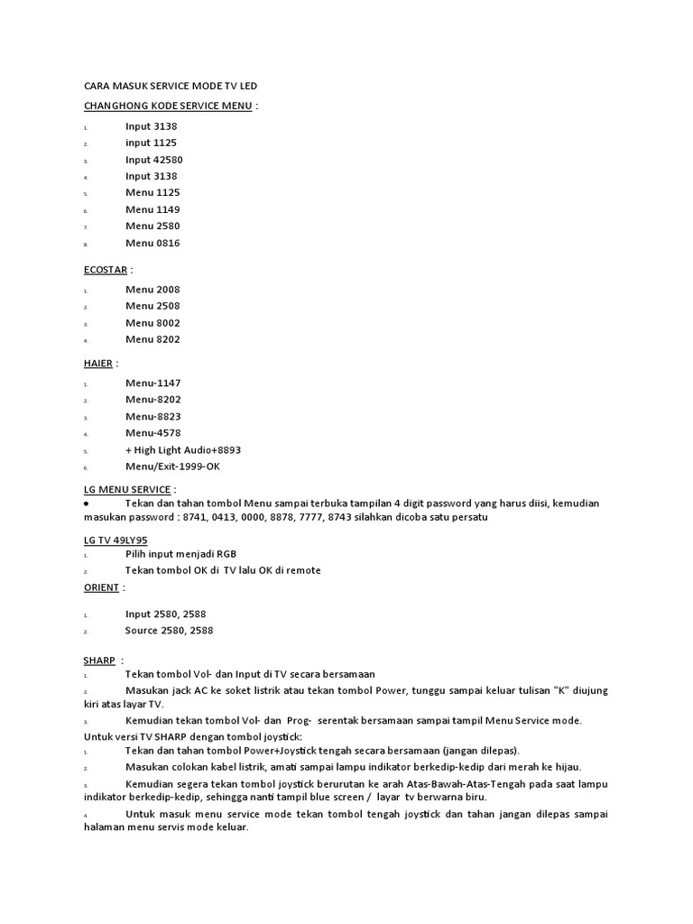 Kode Masuk Service Mode TV LED | PDF