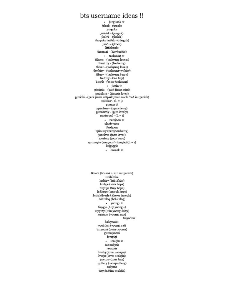 Bts Username Ideas PDF
