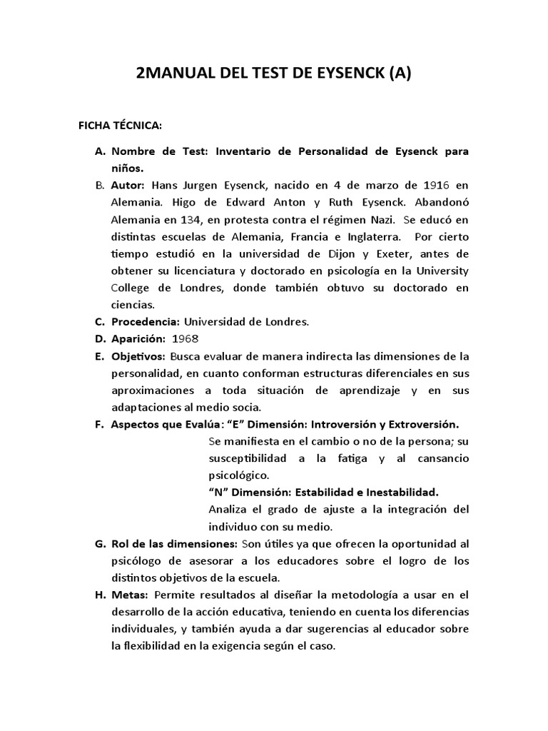 Manual Del Test de Eysenck | PDF | Aprendizaje | Sicología