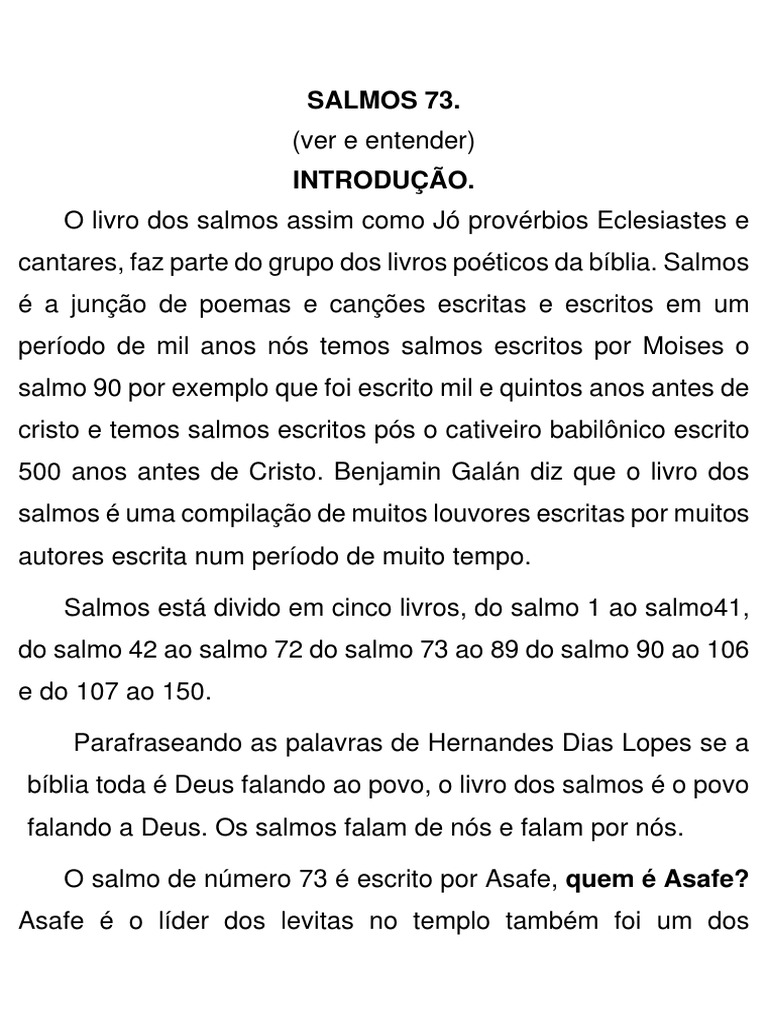 Estudo do Salmo 73 de Asafe | PDF | Salmos | Bíblia