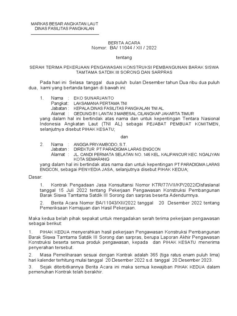 04-Format BA Serah Terima Pekerjaan WAS (Utk Buat Jaminan) | PDF