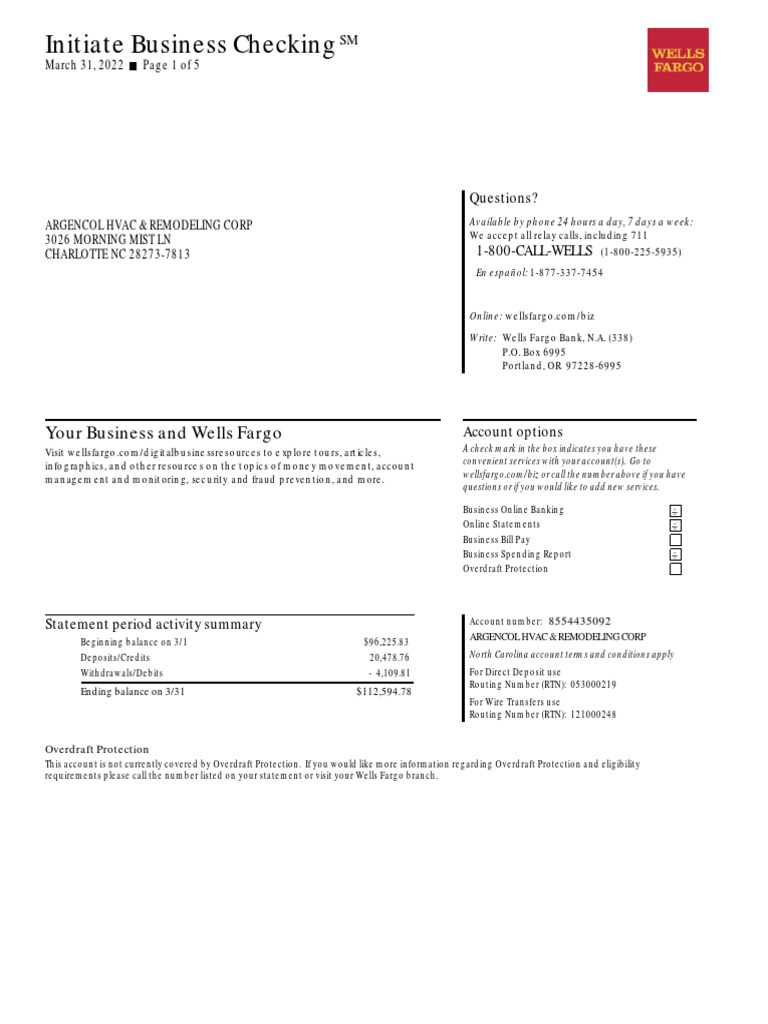 Wells Fargo Statement March 2022 PDF Overdraft Fee