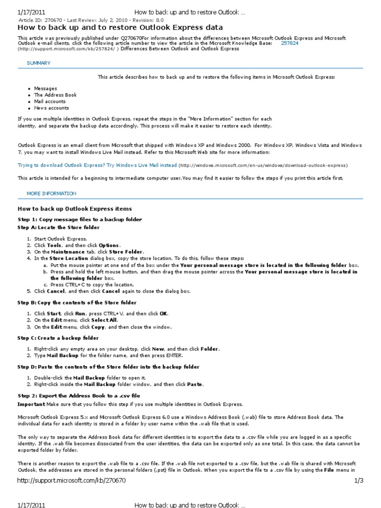 OE Backup and Restore | PDF | Microsoft Outlook | Comma Separated Values