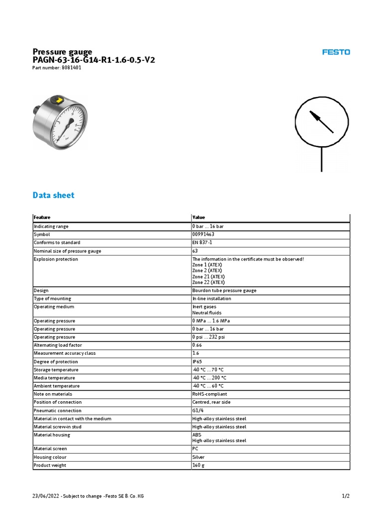 Pressure Gauge Data Sheet PAGN6316G14R11.60.5V2 PDF Pressure