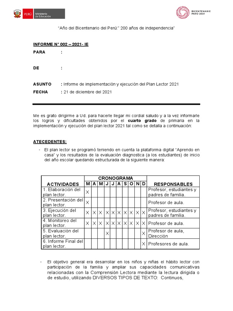 Modelo De Informe Plan Lector Primaria Masinteresantes Pdf