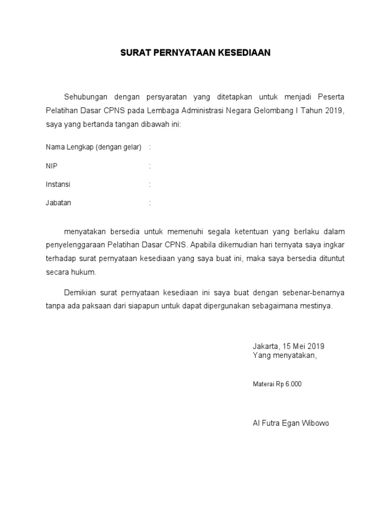 Surat Pernyataan Kesediaan | PDF