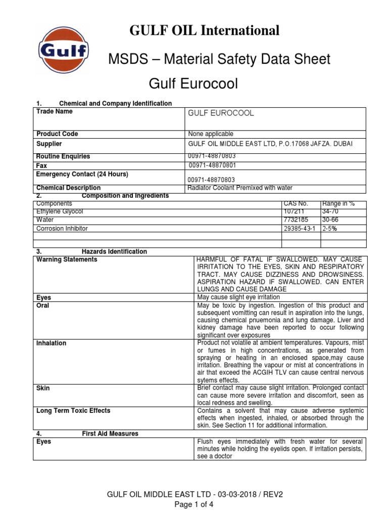 Gulf Eurocool MSDS New | PDF | Water | Toxicity