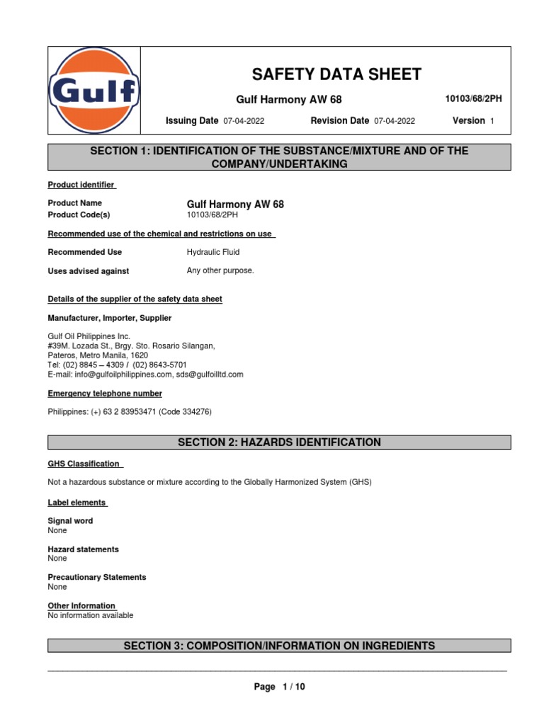 Gulf Harmony AW 68 Safety Data Sheet | PDF | Personal Protective ...