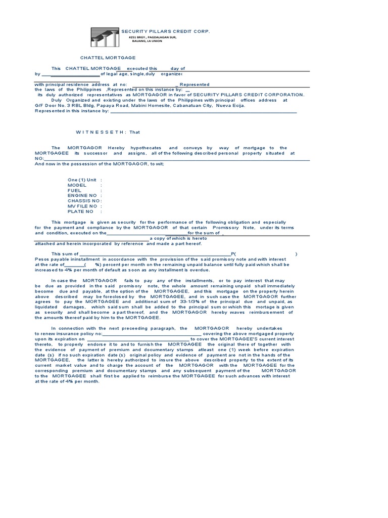 Chattel Mortgage Form 4 PDF Mortgage Law Foreclosure