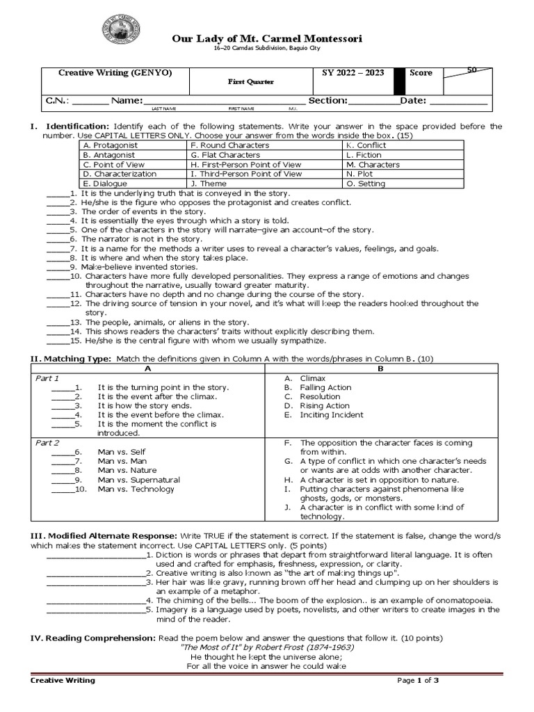 Creative Writing 1st Quarter Exam | PDF | Narration
