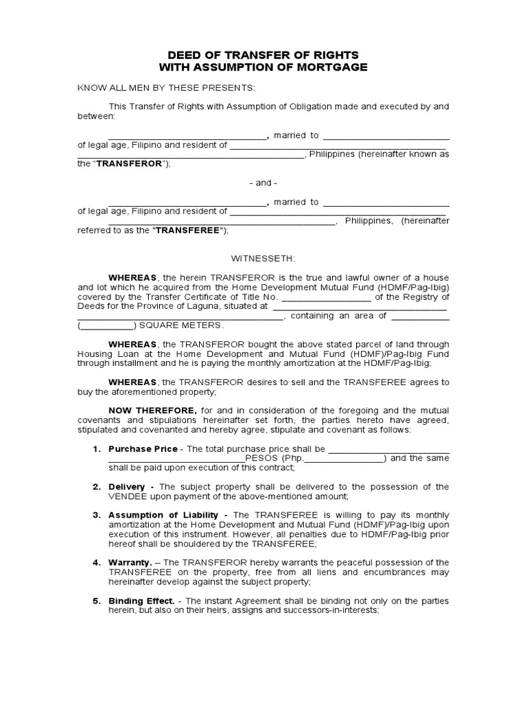 Deed of Transfer of Rights With Assumption of Obligation Pag Ibig Blank