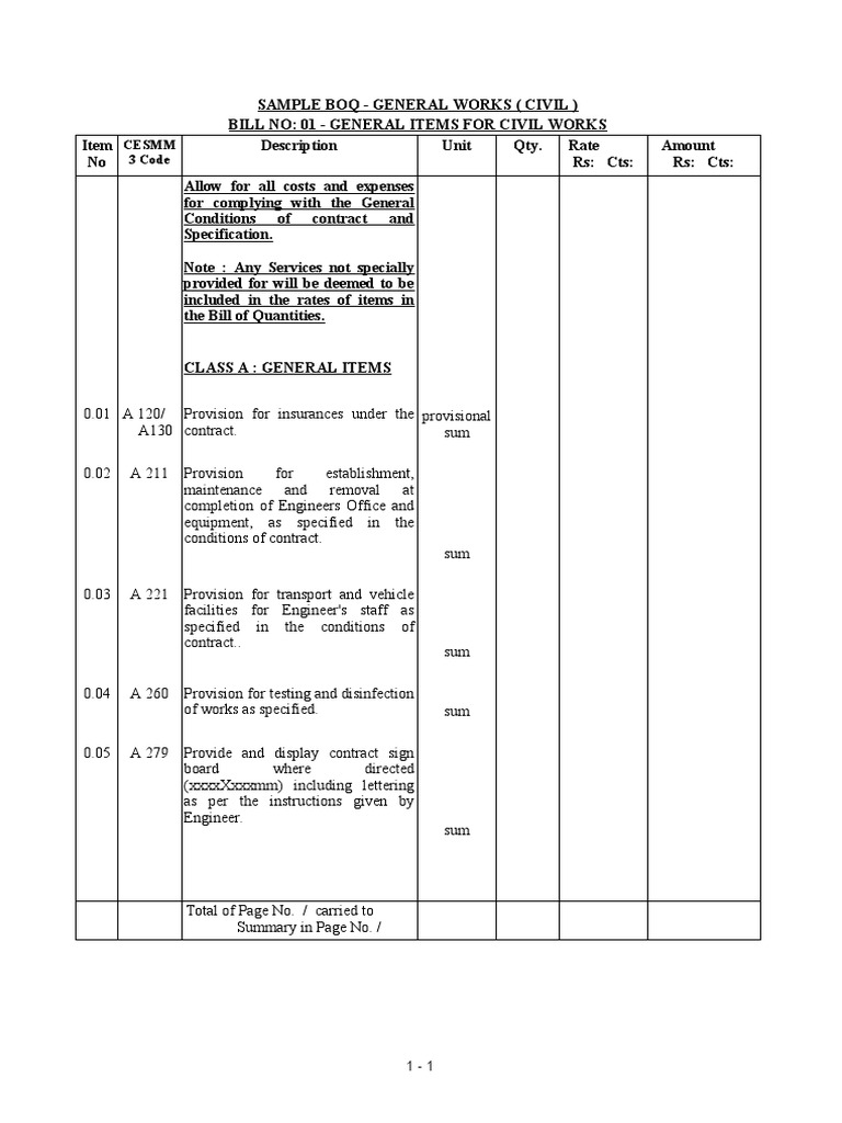 Civil Works Preliminary Bill of Quantities | PDF | Safety