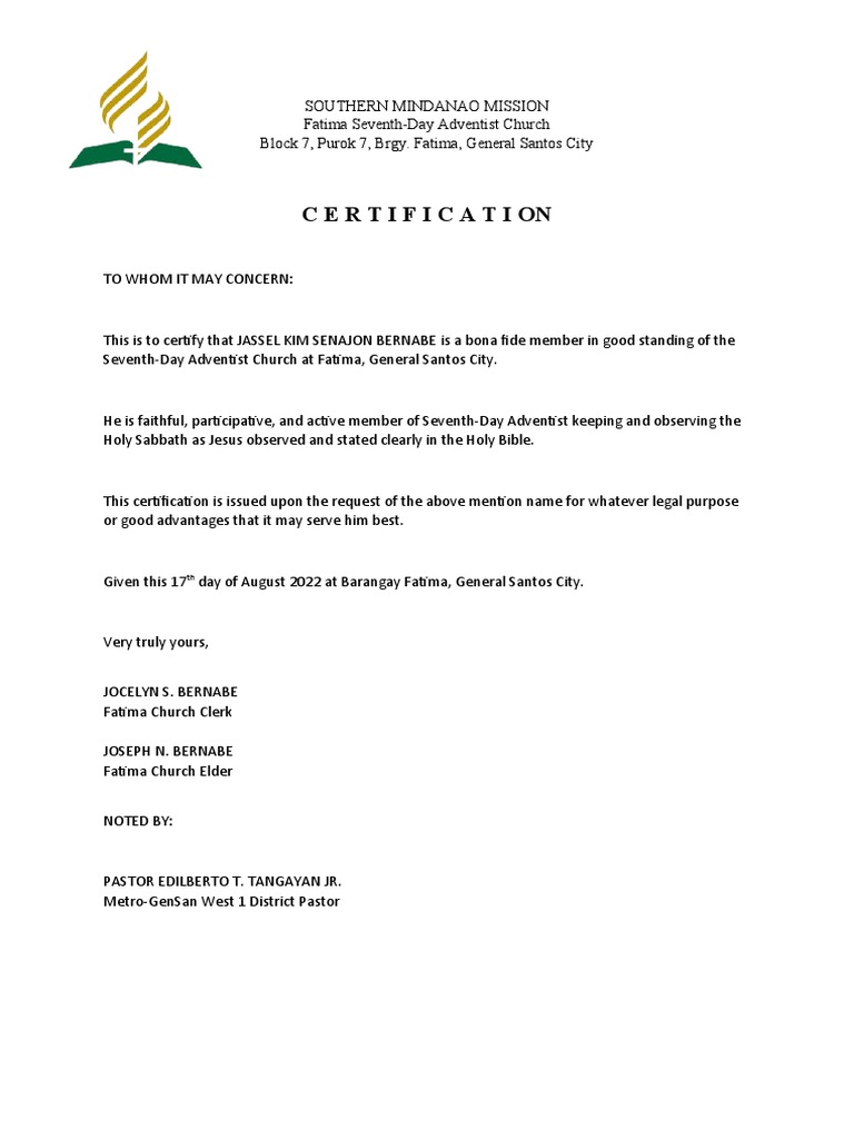 SDA Membership Certification Letter | PDF