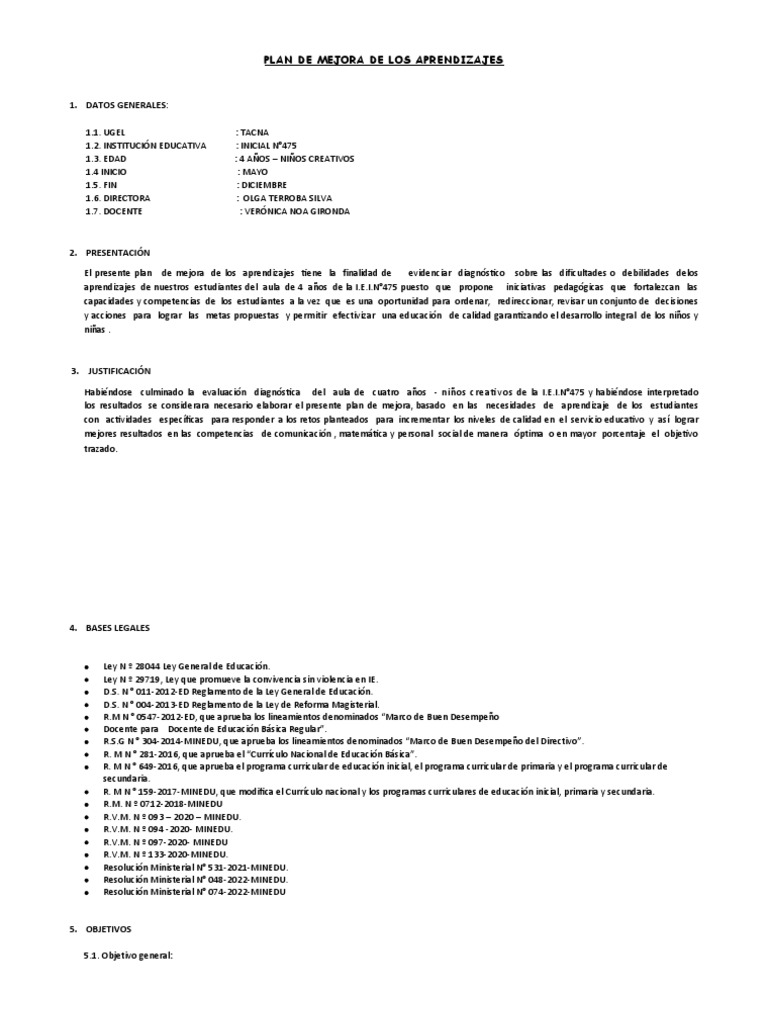 Plan de Mejora de Aprendizajes 2023 | PDF | Educación de la primera ...