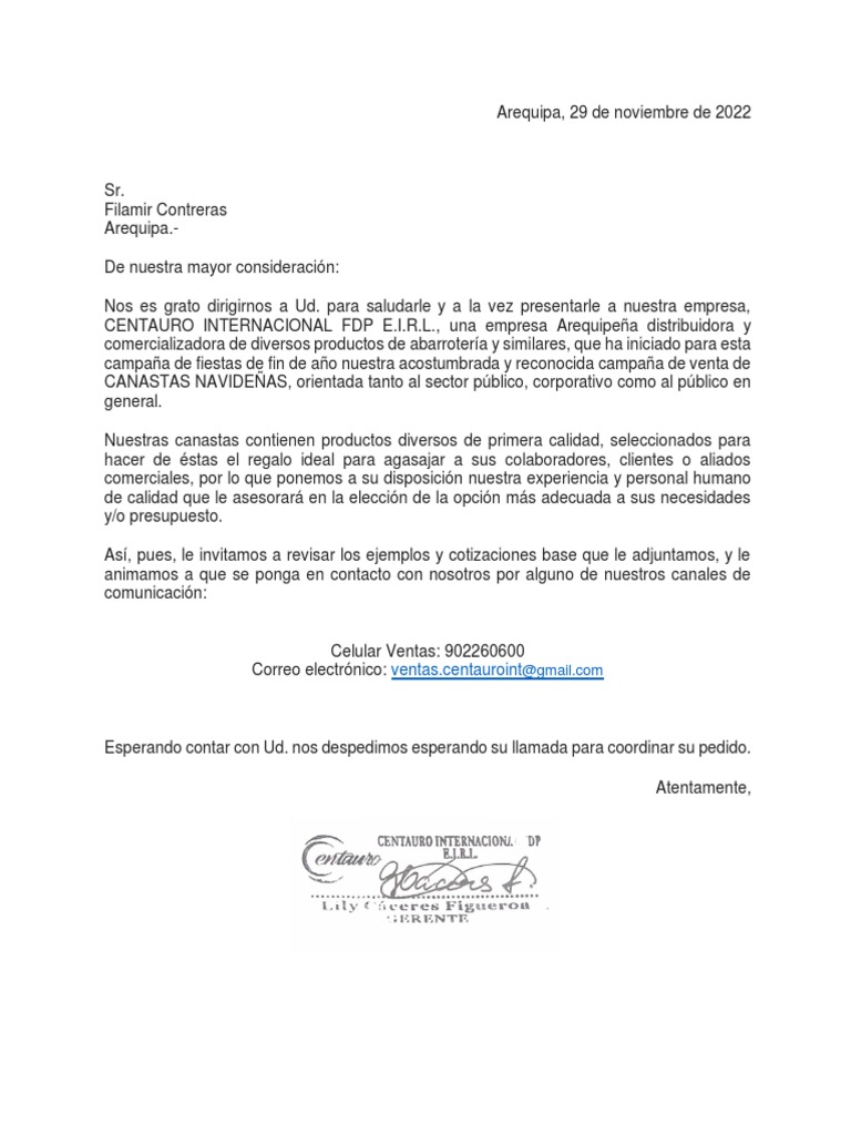 Carta Presentacion Canastas SR. FILAMIR CONTRERAS | PDF
