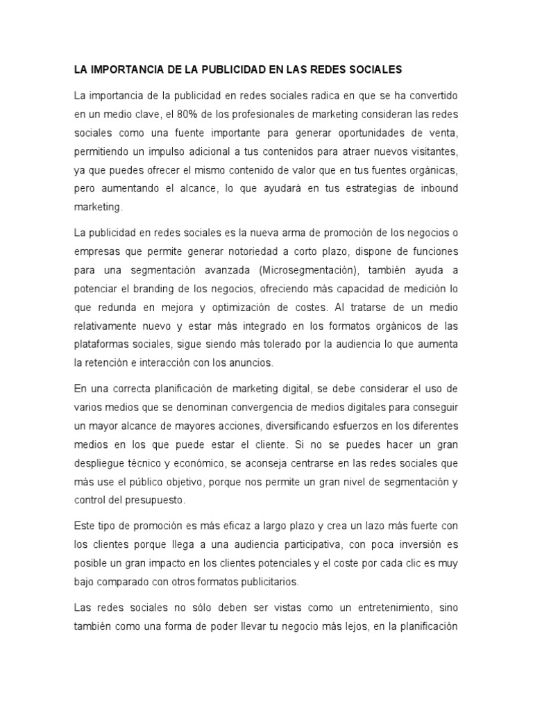Importancia de la Publicidad en Redes Sociales | PDF | Publicidad ...