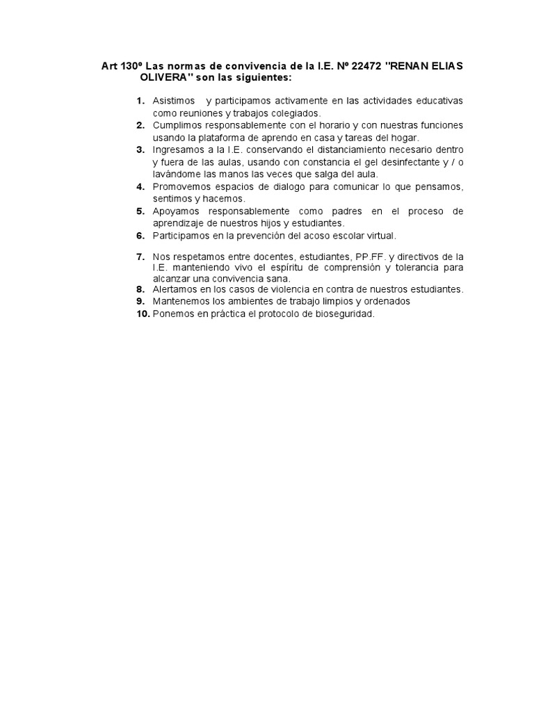 Normas de Convivencia en la I.E. 22472 | PDF