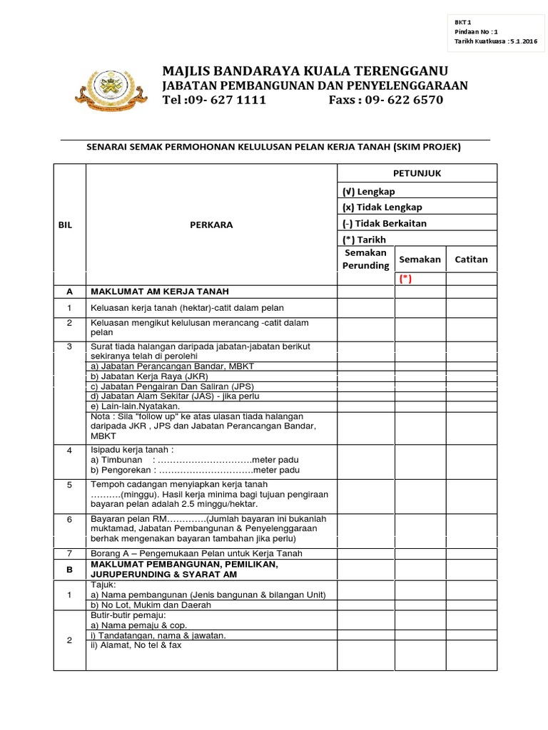 Senarai Semak Permohonan Pelan Kerja Tanah Skim Projek | PDF