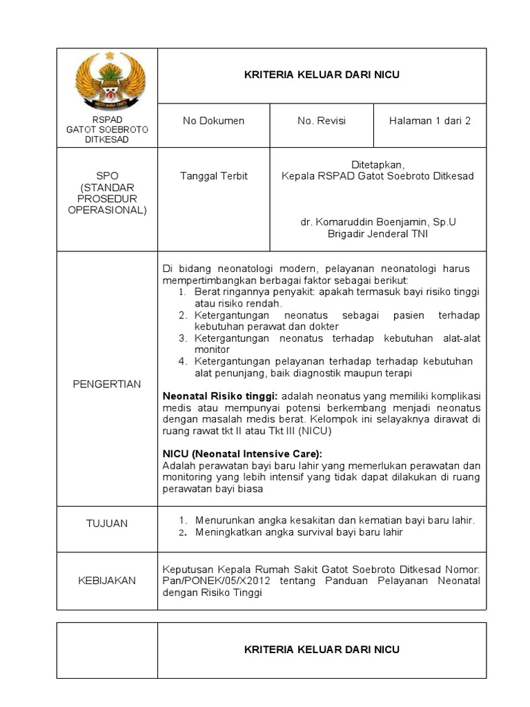 Kriteria Bayi Masuk NICU RSPAD | PDF | Pengembangan Diri | Kesehatan ...