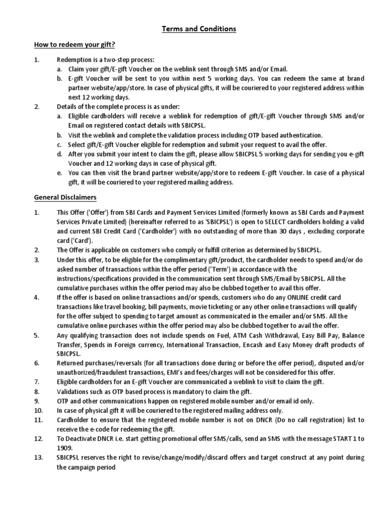 Terms and Conditions Fulfilment Sbicard | PDF | Credit Card | Justice