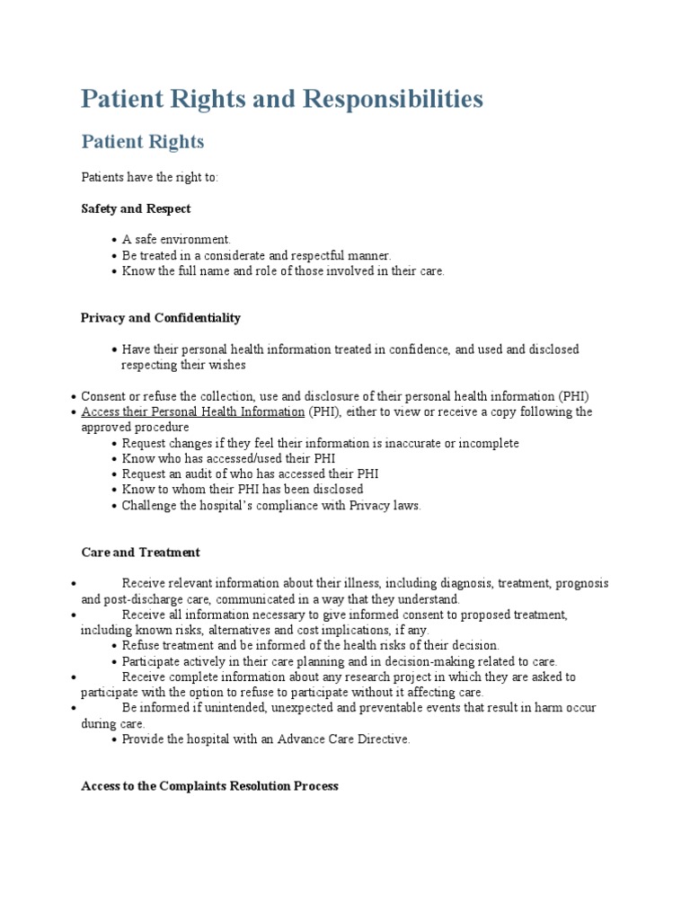 Patient Rights and Responsibilities PDF Patient Hospital
