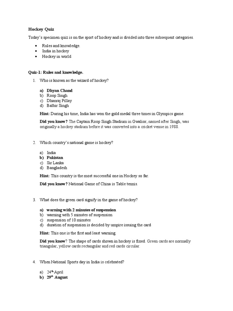 Hockey Quiz Pdf Sports Sports Competitions