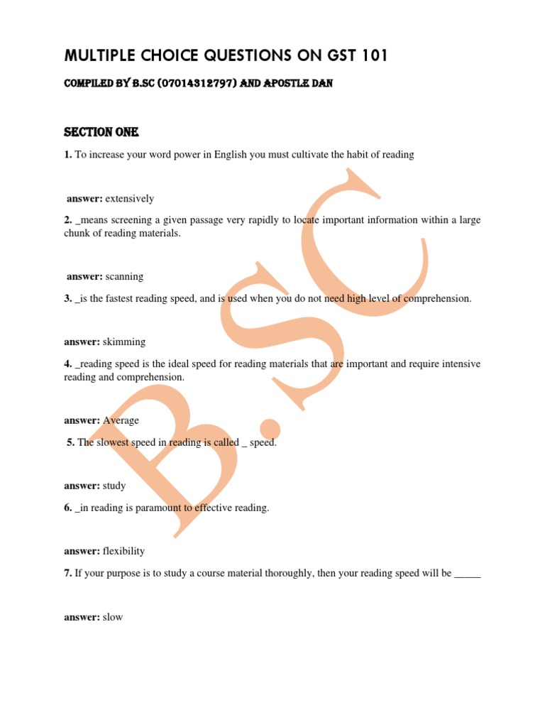 Gst Multiple Choice Questions Pdf Reading Comprehension Speed Reading