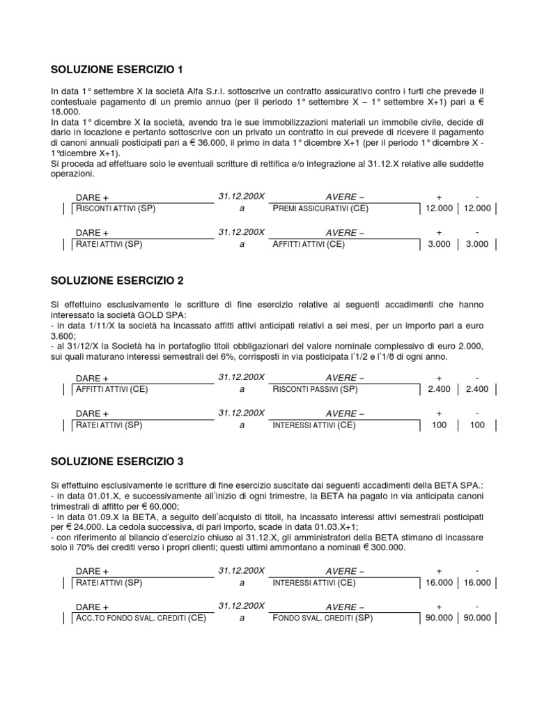 Soluzioni Esercizi Ratei e Risconti