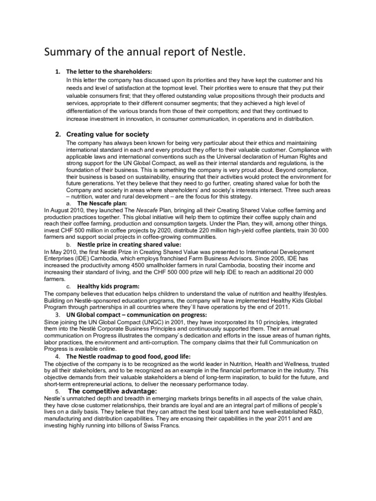 Summary of The Annual Report of Nestle PDF Nestlé Food And Drink
