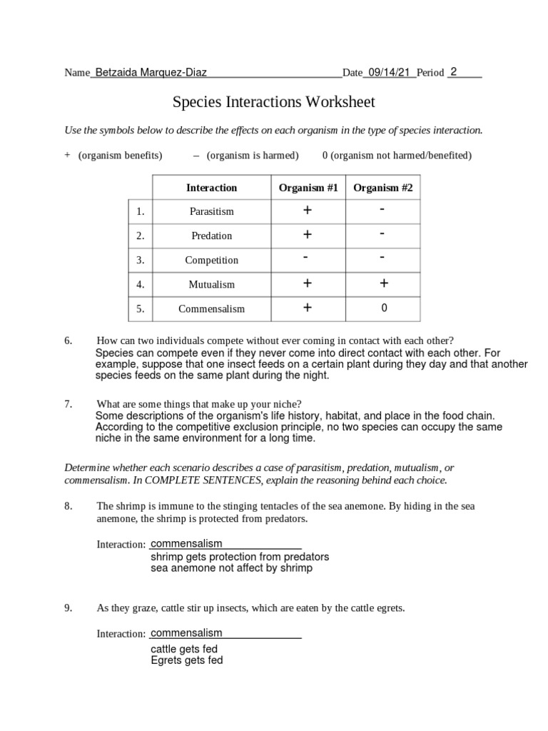 Species Interaction Worksheet Answers PDF Parasitism Predation