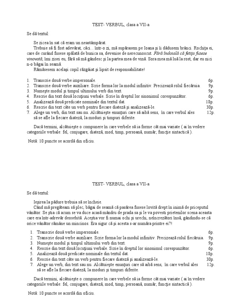Verbul - Test | PDF