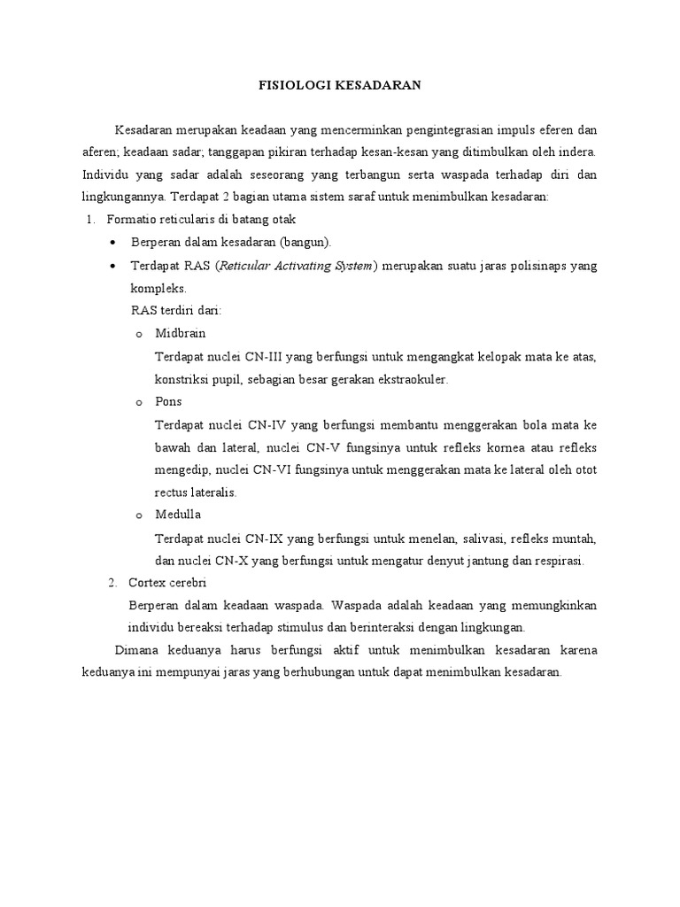 Fisiologi Kesadaran Penurunan Kesadaran Pdf