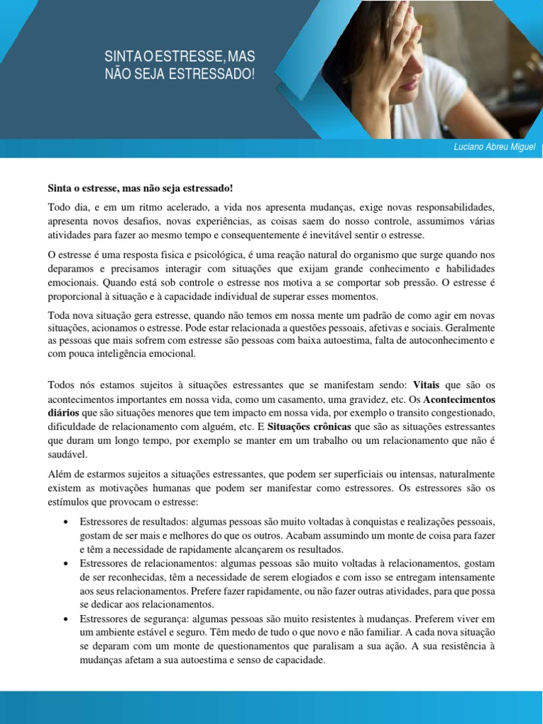 Como Controlar o Estresse Positivo | PDF | Estresse (Biologia) | Dor
