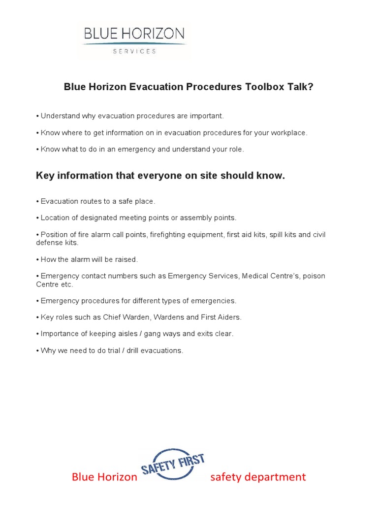 Blue Horizon Evacuation Procedures Toolbox Talk PDF Emergency