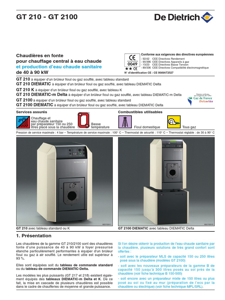 Notice Chaudiere De Dietrich Gt 1100 V Fiche Technique de DIETRICH GT 210 | PDF | Chaudière | Fioul