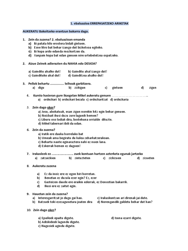 Ebaluazioa Errepasatzeko Ariketak | PDF