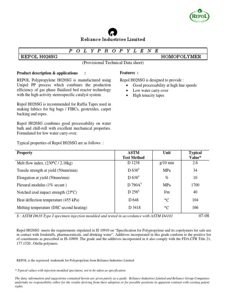 Reliance Repol H026SG Data Sheet | PDF | Polymers | Polymer Chemistry