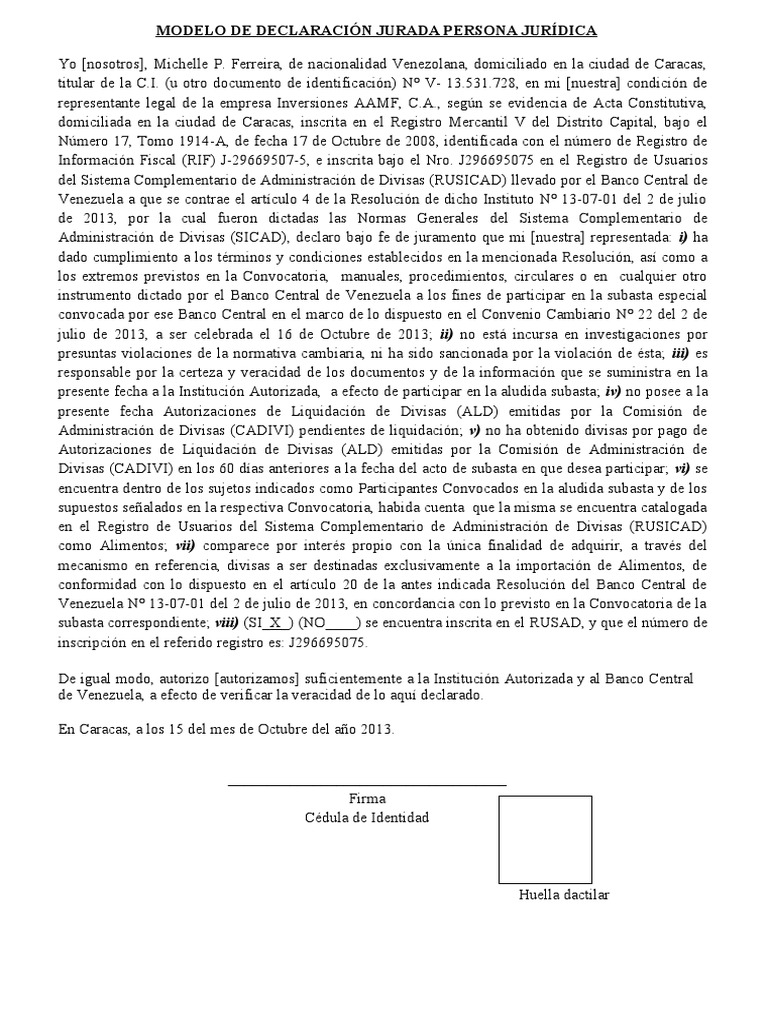 Modelo de Declaración Jurada Venezuela | PDF | Venezuela