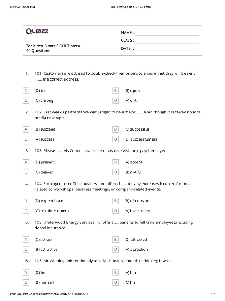Toeic Part 5 Practice Questions Pdf